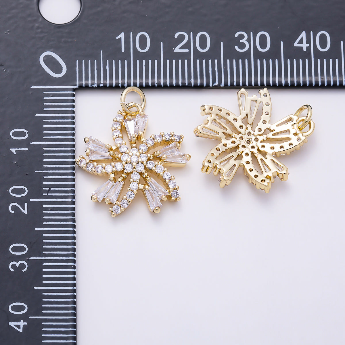 16K Gold Filled 20mm Baguette Micro Paved CZ Flower Swirl Charm | Charms-01547