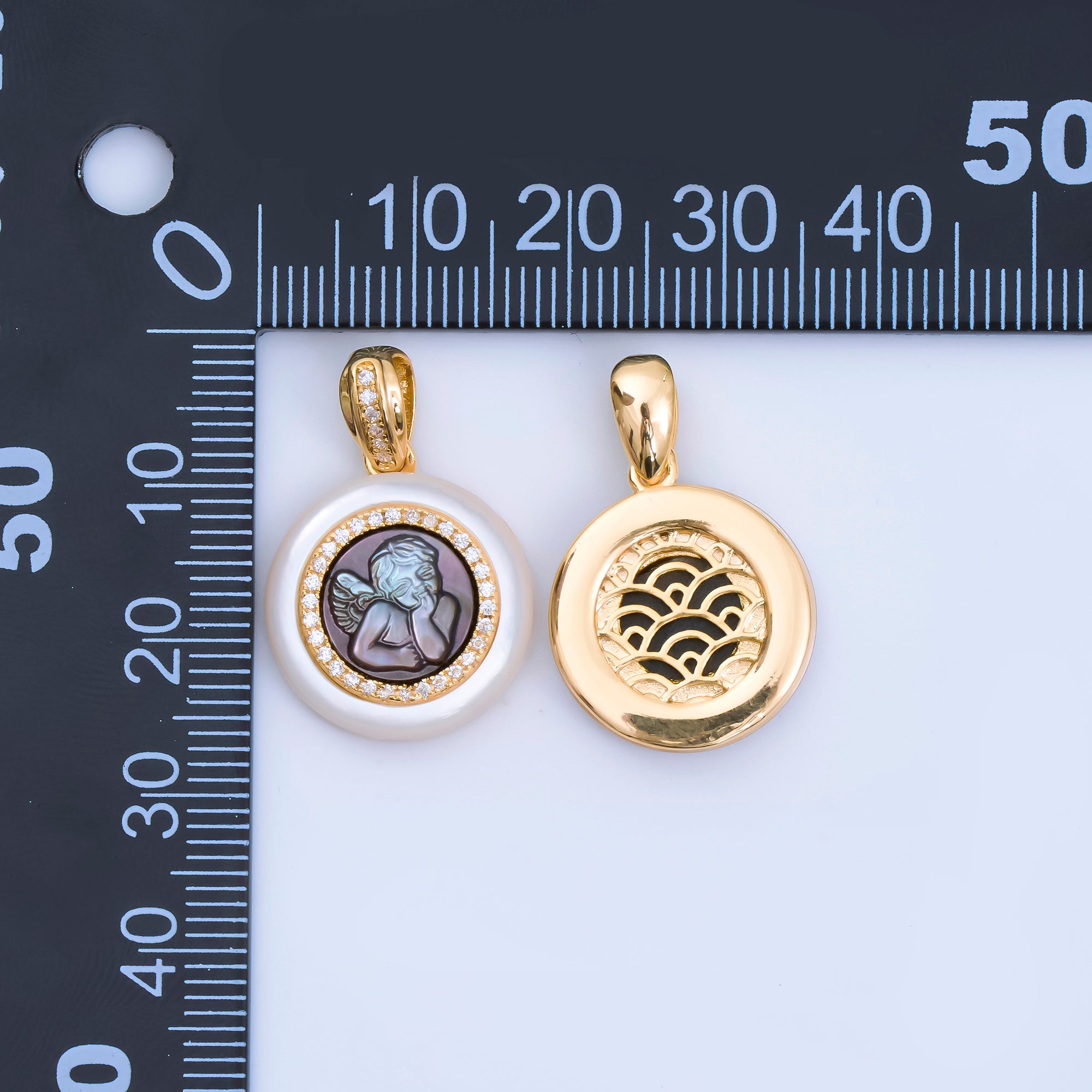 24K Gold Filled 20mm Micro Paved CZ Round Medallion Abalone Pendant in Baby Angel & Woman | AH-500 AH-501