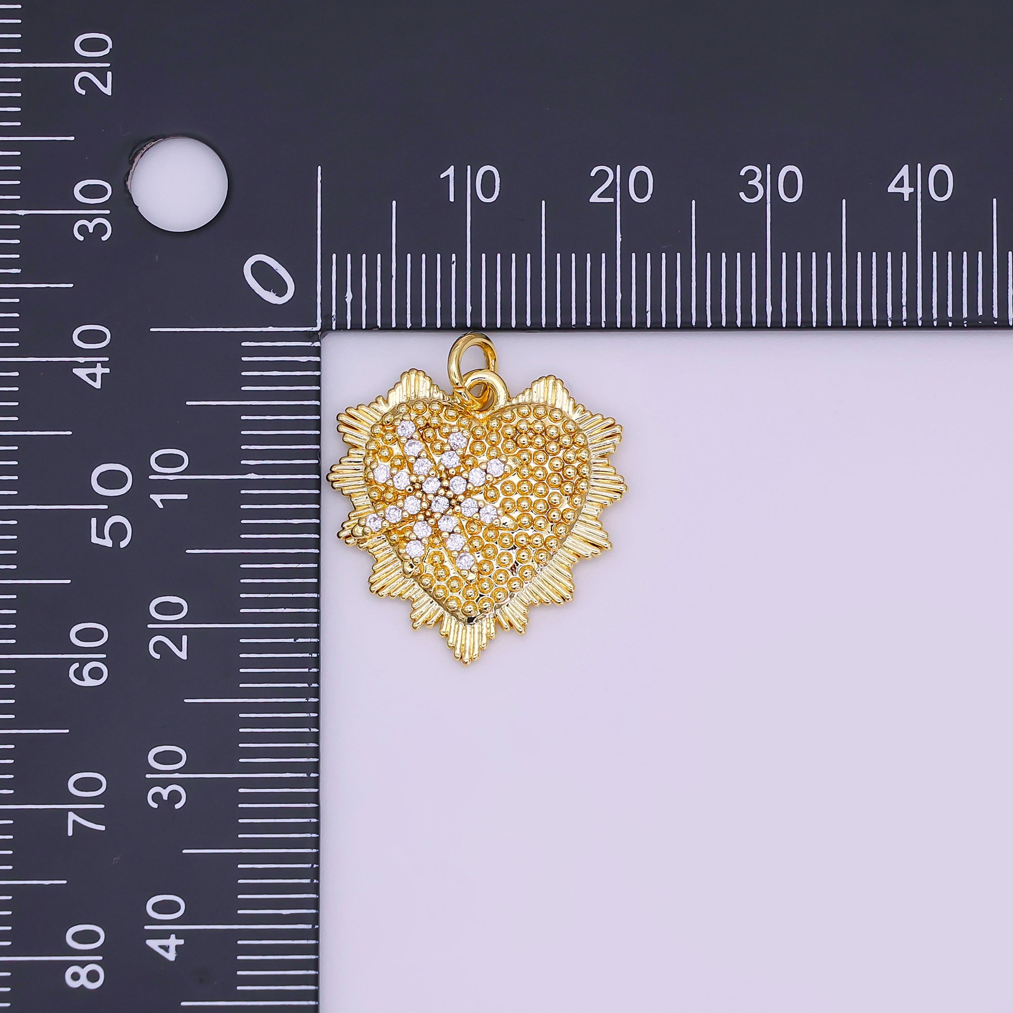 24K Gold Filled 20mm Star Micro Paved CZ Dotted Sunburst Heart Charm | AF459