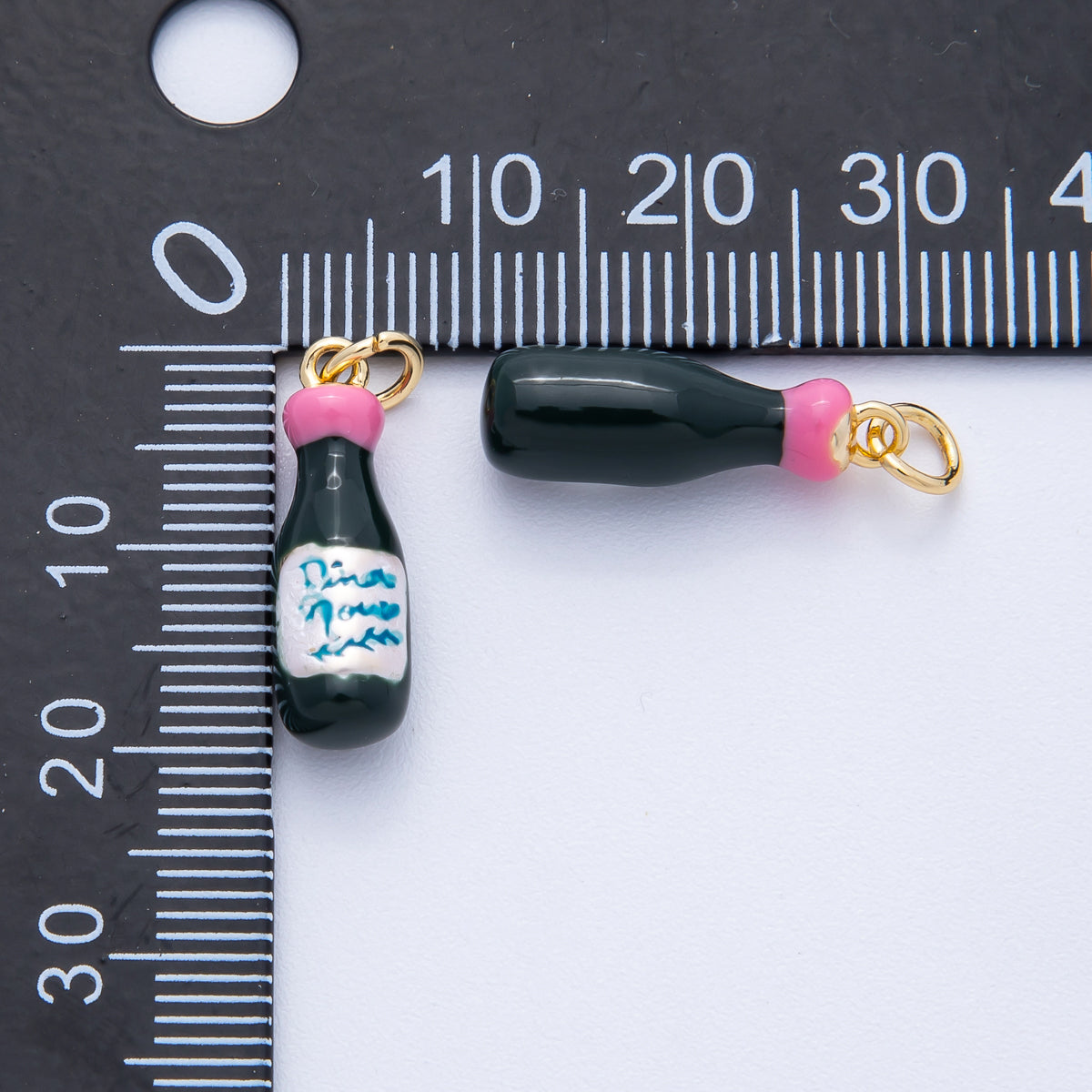 18K Gold Filled 20mm Pink & Green Enamel Champagne Bottle Charm | Charms-00021
