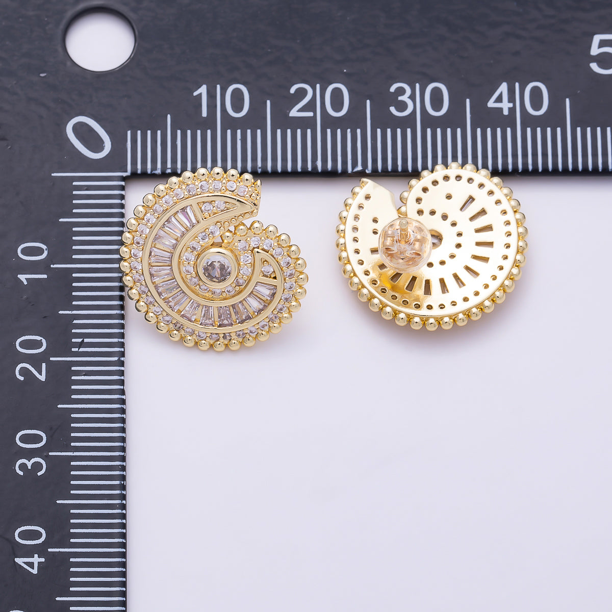 16K Gold Filled 19mm Baguette Micro Paved CZ Nautical Ocean Spiral Statement Stud Earrings in Gold & Silver | Earrings-00860 - Earrings-00861