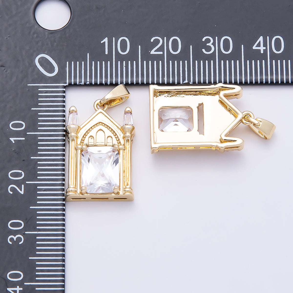 16K Gold Filled 20mm Clear CZ Baguette Vintage Church Castle Pendant | Charms-01037