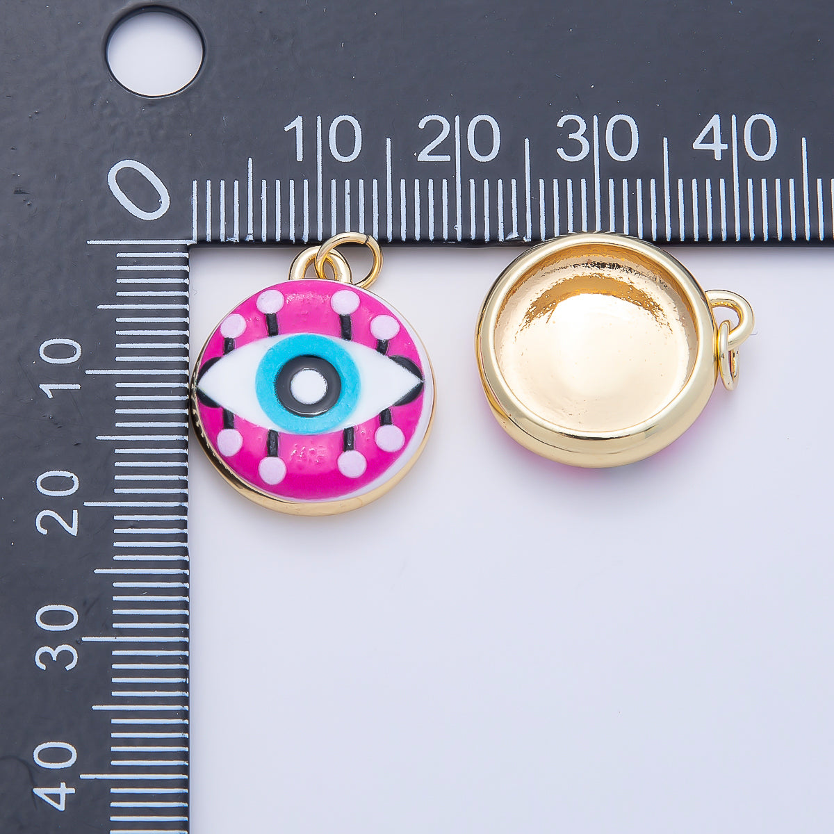 16K Gold Filled 20mm Blue Pink Evil Eye Enamel Round Charm | Charms-01241