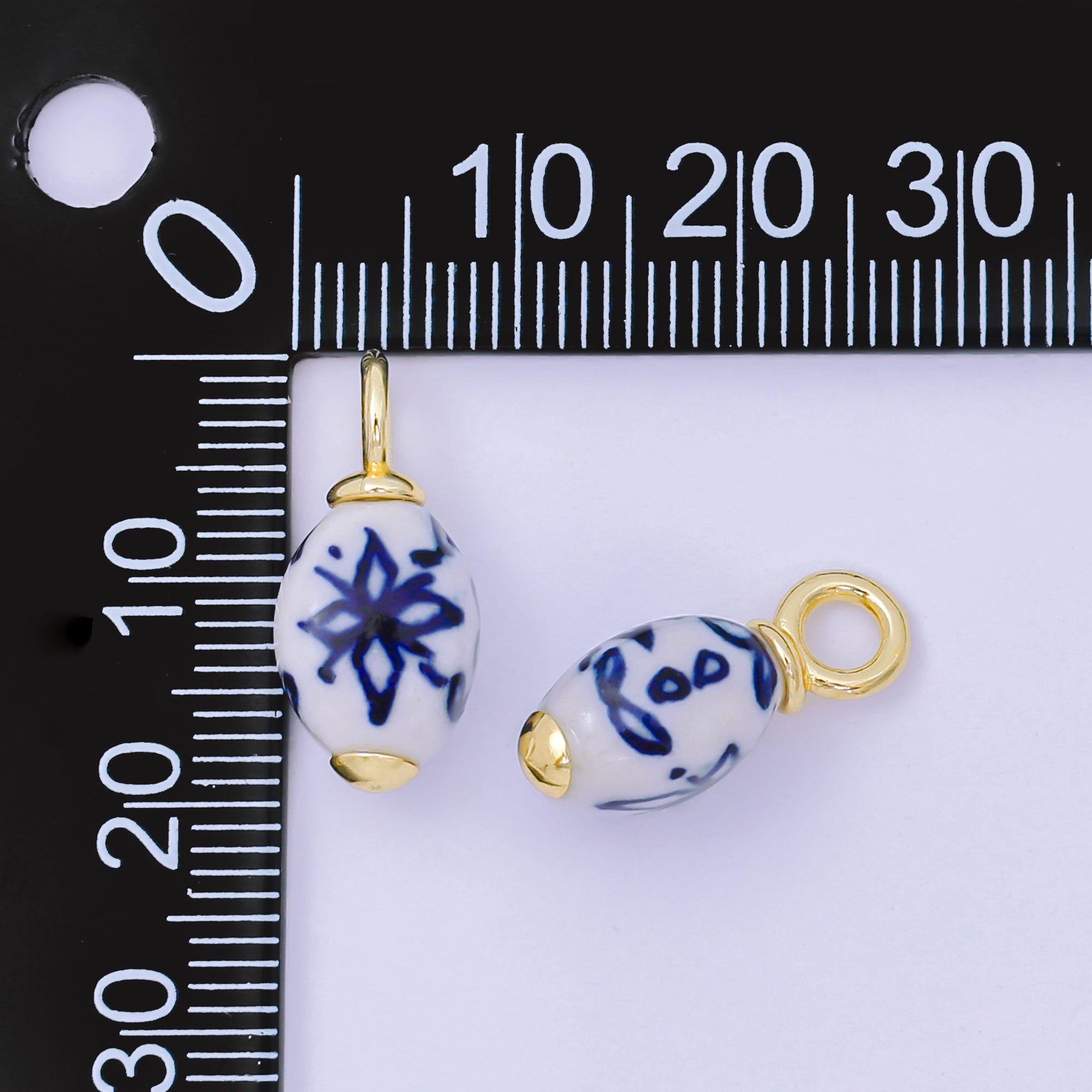 24K Gold Filled 20mm Blue-White Lotus Flower Ceramic Drop Charm | AF1284