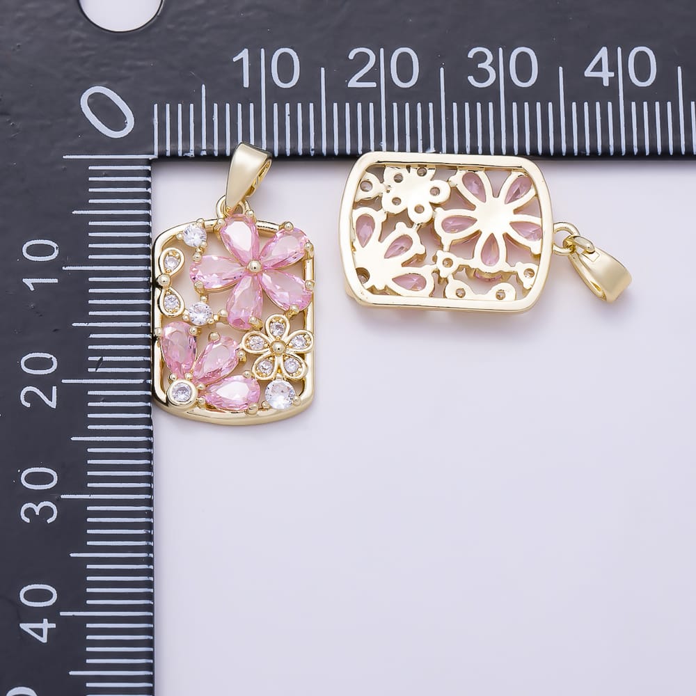 16K Gold Filled 20mm Pink Clear CZ Flower Open Rectangle Tag Pendant | Charms-02381