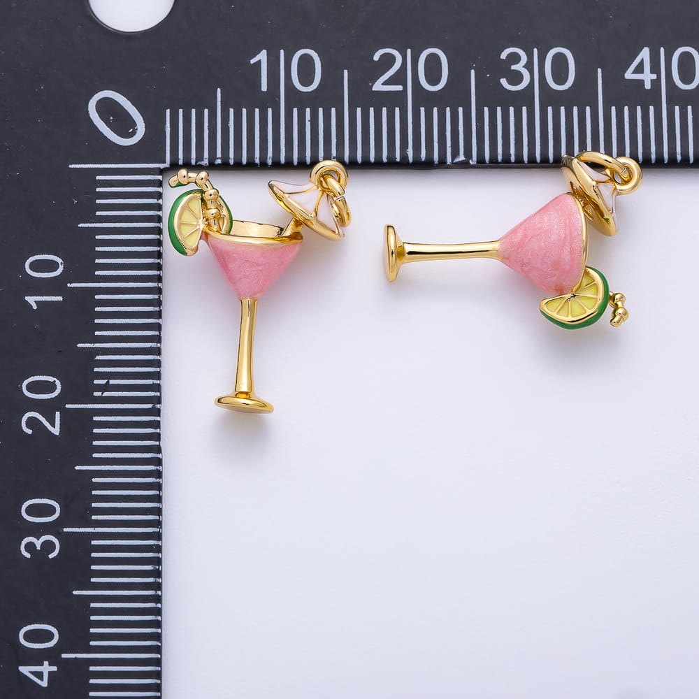 16K Gold Filled 20mm Pink Enamel Lime Cocktail Martini Glass 3D Multidimensional Charm | Charms-02449
