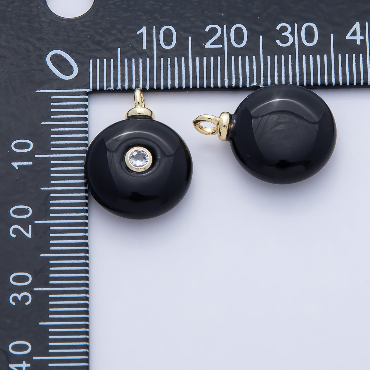 18K Gold Filled 20mm Clear CZ Black Onyx Round Gemstone Charm | AF1471