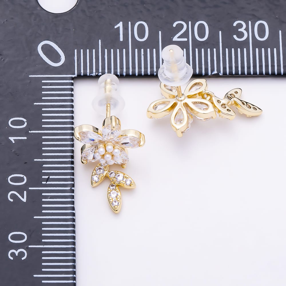 16K Gold Filled 20mm Micro Paved CZ Shell Pearl Leaf Flower Drop Stud Earrings in Gold & Silver | Earrings-01011 Earrings-01012