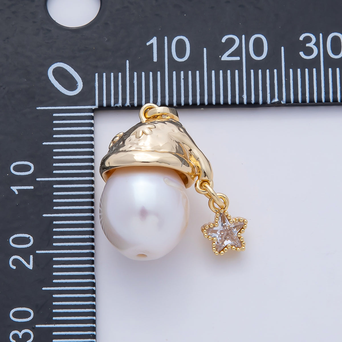 18K Gold Filled Shell Pearl Molten Cap Star CZ Drop Charm | AF638