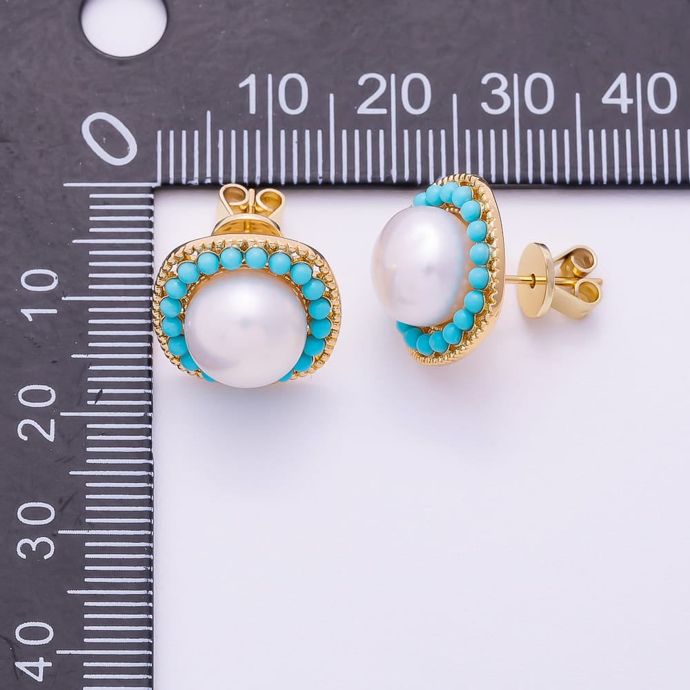 16K Gold Filled 15mm Shell Pearl Turquoise Round Square Stud Earrings in Gold & Silver | Earrings-01233 Earrings-01234