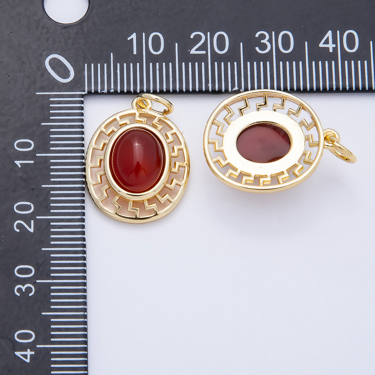 16K Gold Filled 20mm Moonstone, Red Agate Cabochon Gemstone Open Filigree Geometric Bezel Oval Charm | Charms-00695 - Charms-00696