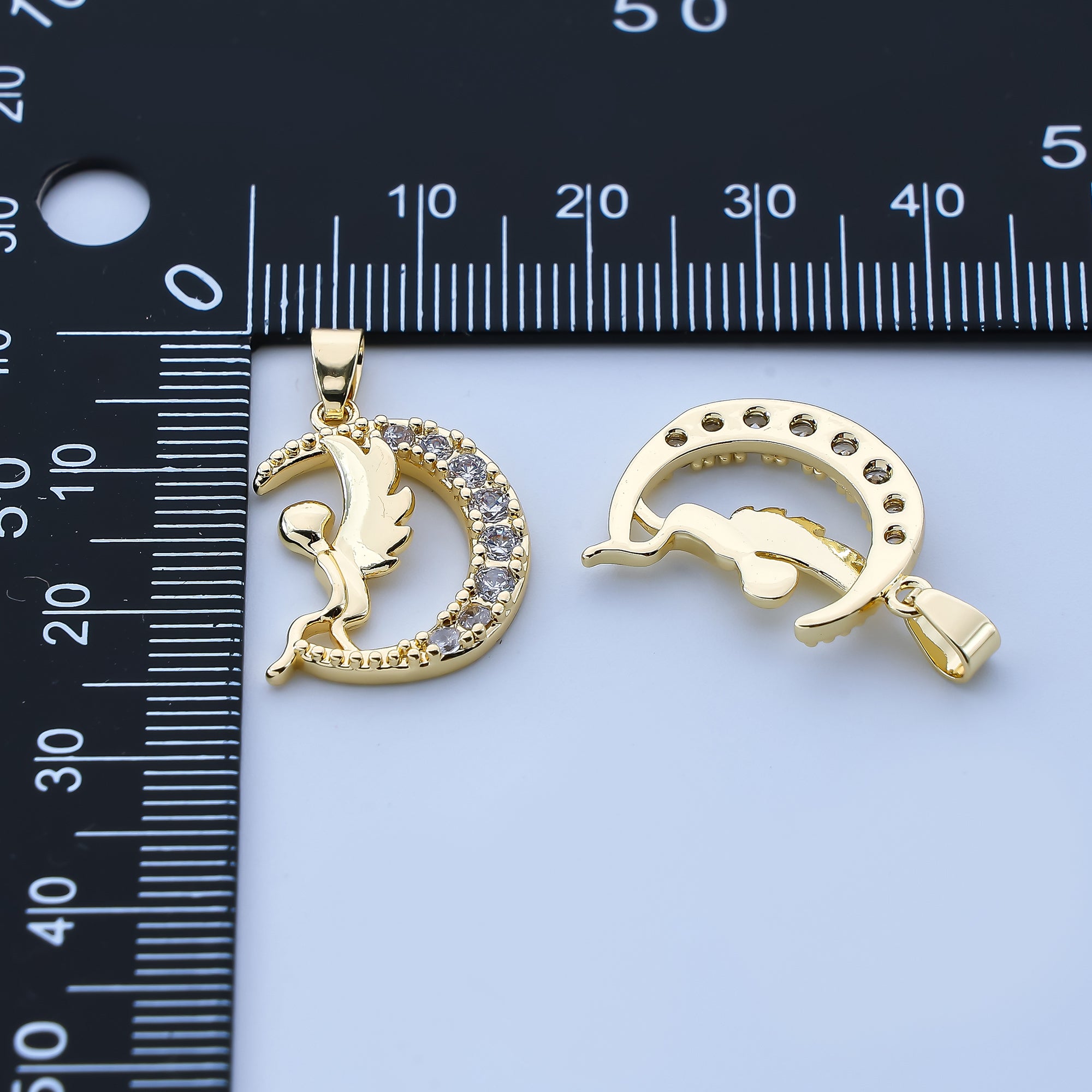 24K Gold Filled 20mm Micro Paved CZ Crescent Angel Moon Pendant | AH-519