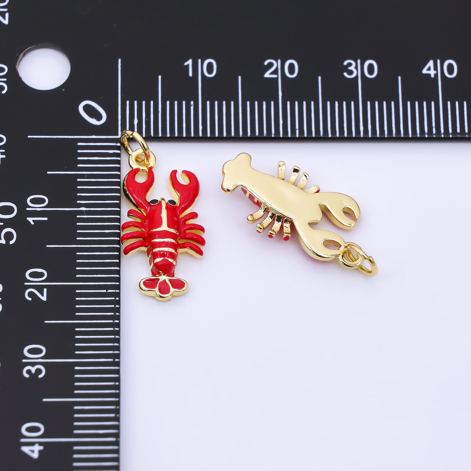 24K Gold Filled 20.5mm Hand-Painted Enamel Red Crawfish Lobster Charm | AJ390