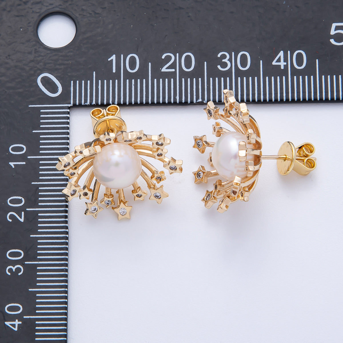 18K Gold Filled 20.5mm Shell Pearl CZ Star Fireworks Stud Earrings | Q038