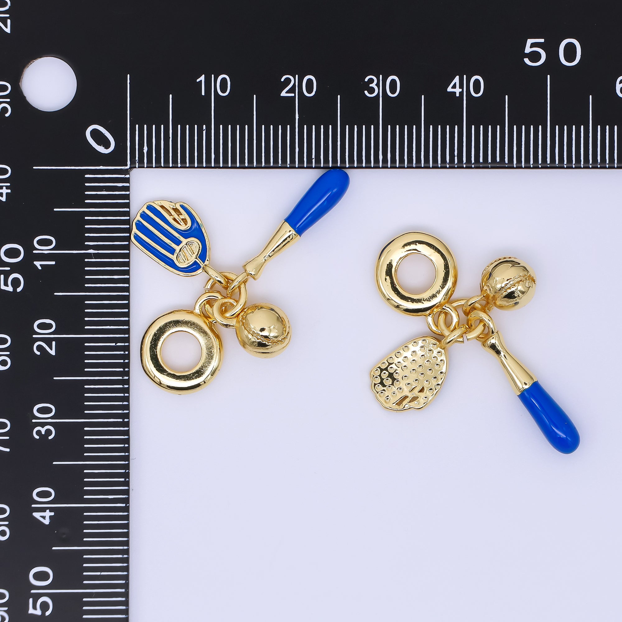 24K Gold Filled 20.5mm Blue Sticks, Gloves, & Ball Baseball Sports Set Rondelle Drop Charm | AC1614