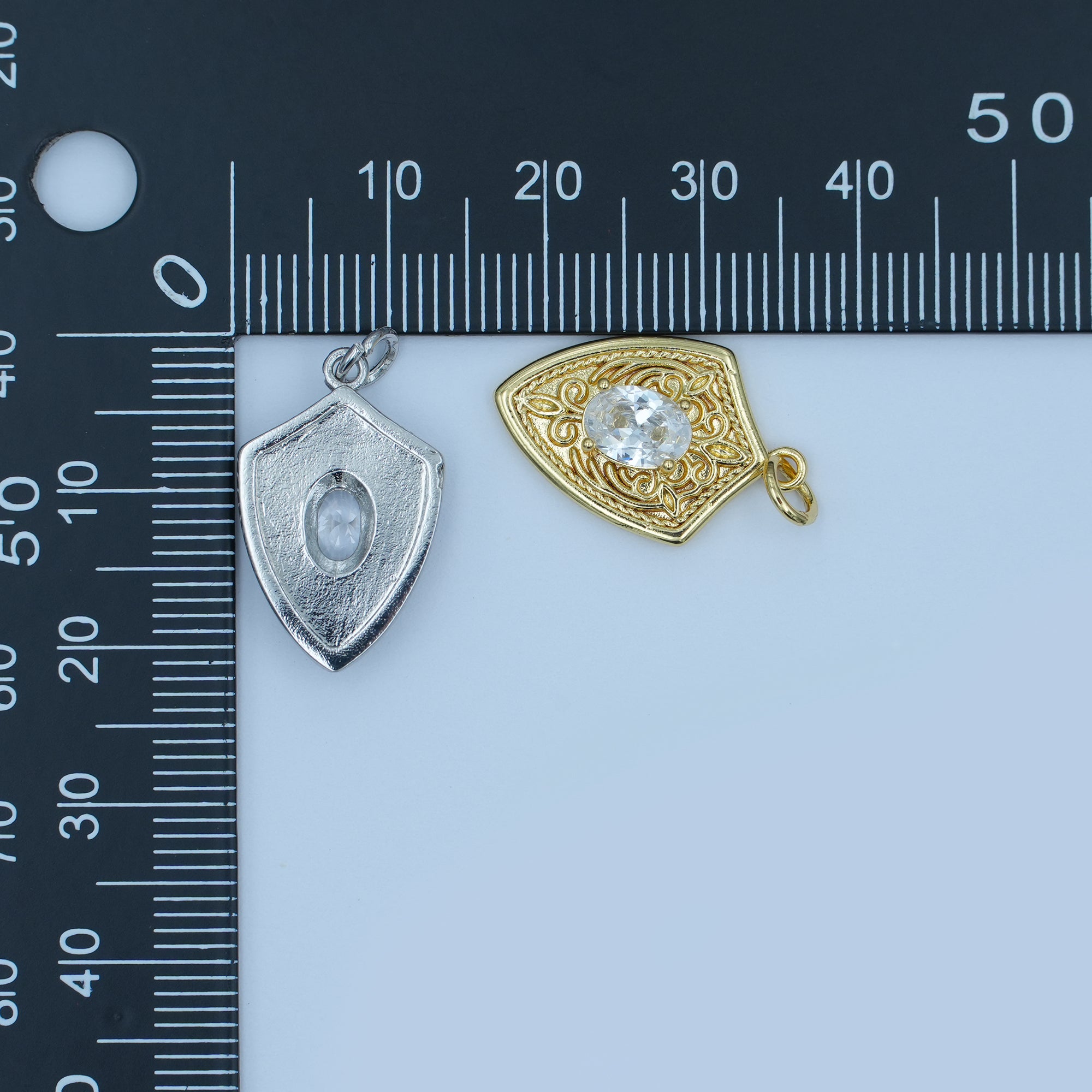 24K Gold Filled Clear CZ Artisan Shield Charm in Gold & Silver | C917