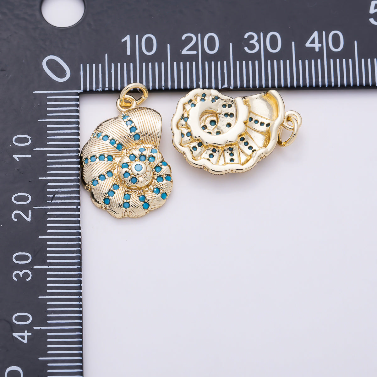 16K Gold Filled 21mm Turquoise CZ Textured Nautilus Seashell Ocean Charm | Charms-01652