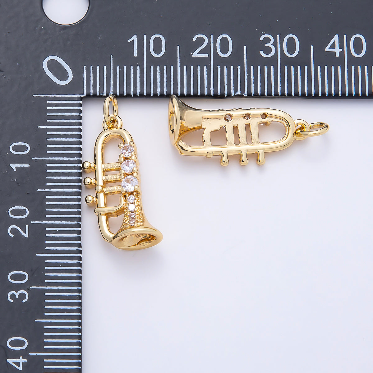 16K Gold Filled 20mm Micro Paved CZ Trumpet Musical Instrument Charm | Charms-01202