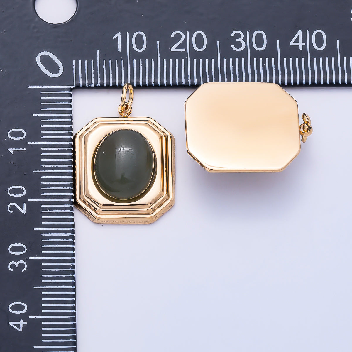 PVD Gold Stainless Steel 20mm Green Aventurine Cabochon Artisan Bezel Charm | Charms-01331