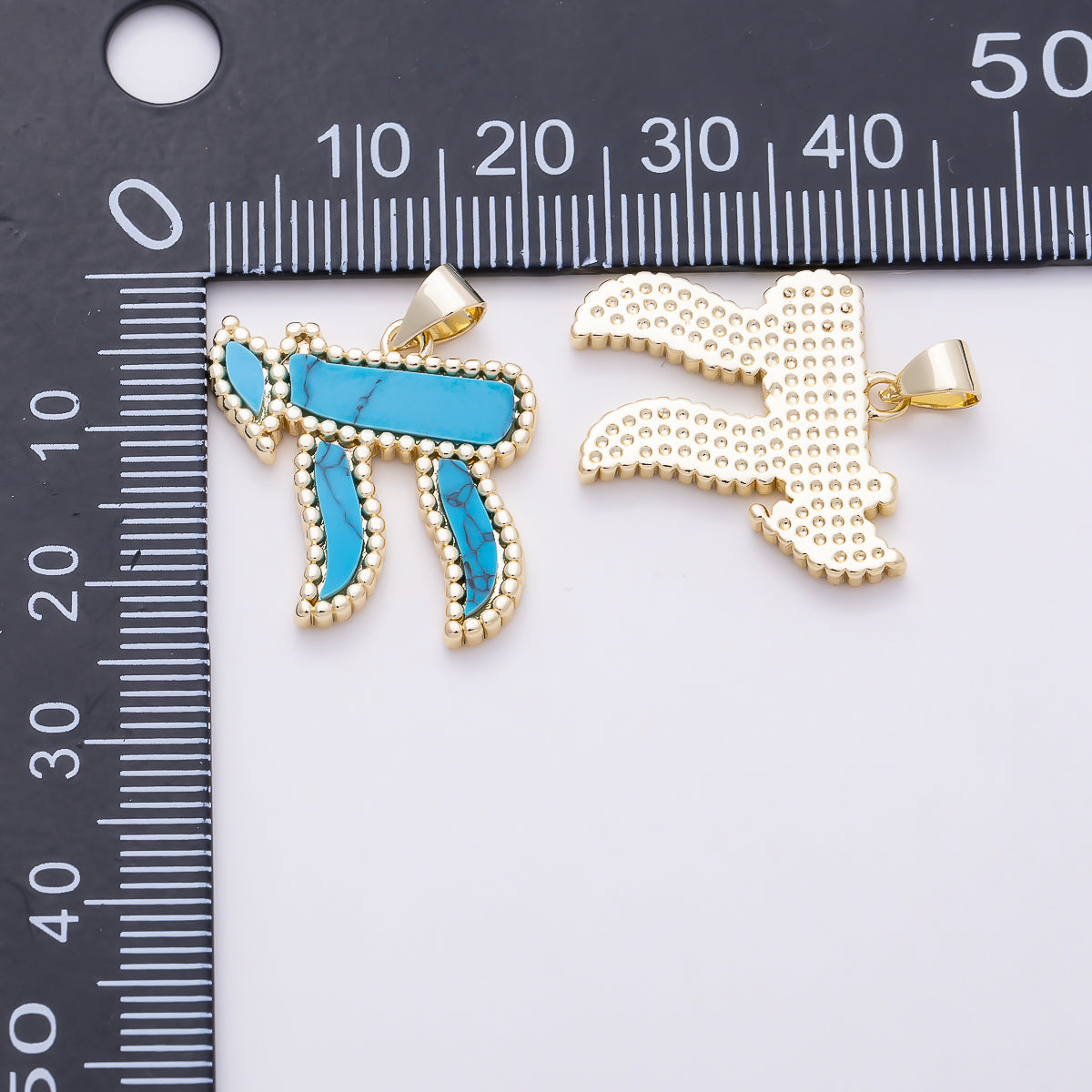 16K Gold Filled 33mm Turquoise, White Quartz Natural Gemstone Beaded Edge Chai Symbol Religious Pendant | Charms-01649 - Charms-01650