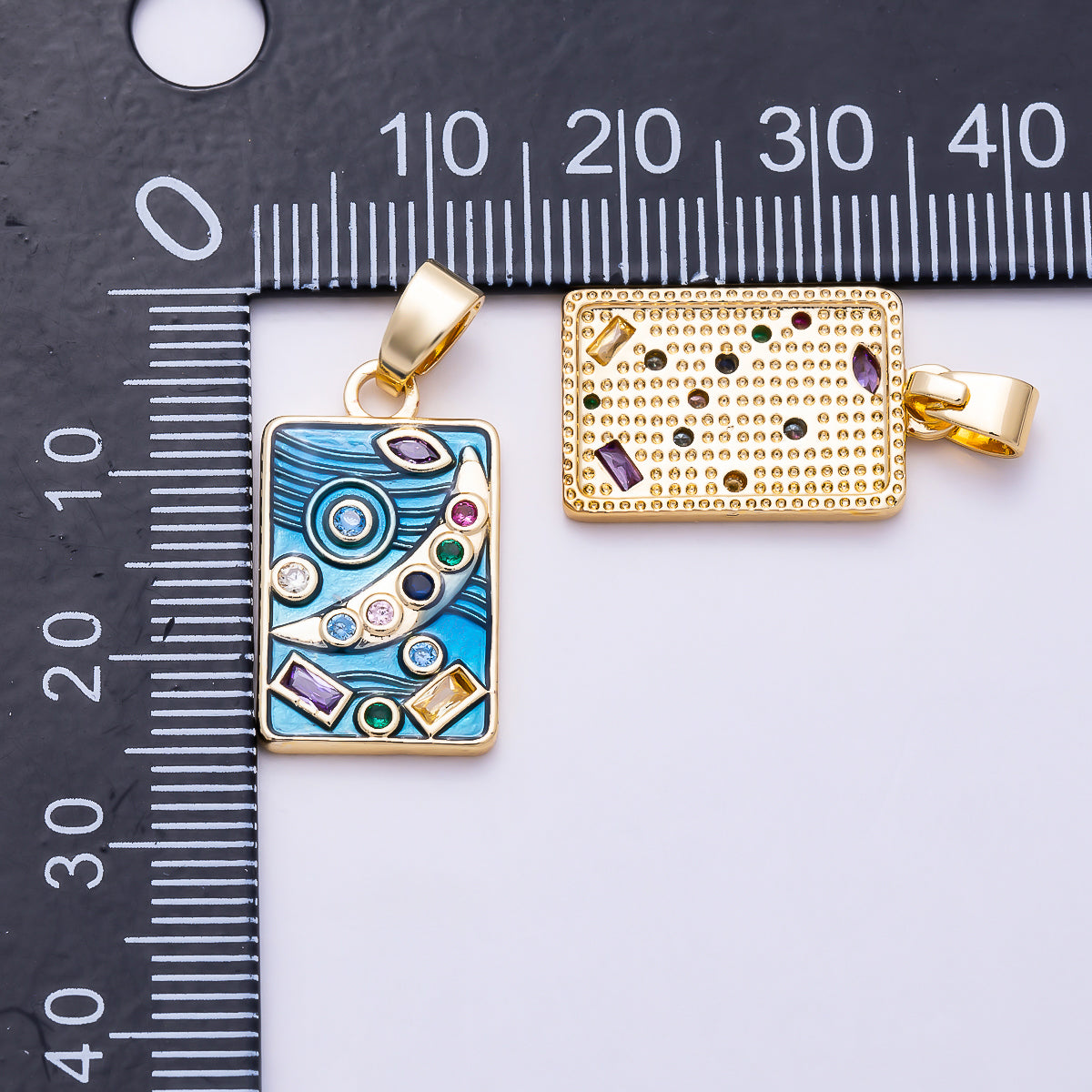 16K Gold Filled 21mm Multi Cut CZ Rectangular Tag Starry Night Celestial Enamel Pendant | Charms-01990