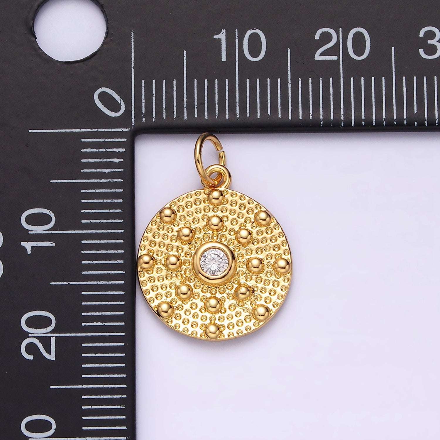 14K Gold Filled 20mm Clear CZ Hammered Beaded Bubble Round Charm | AC1150