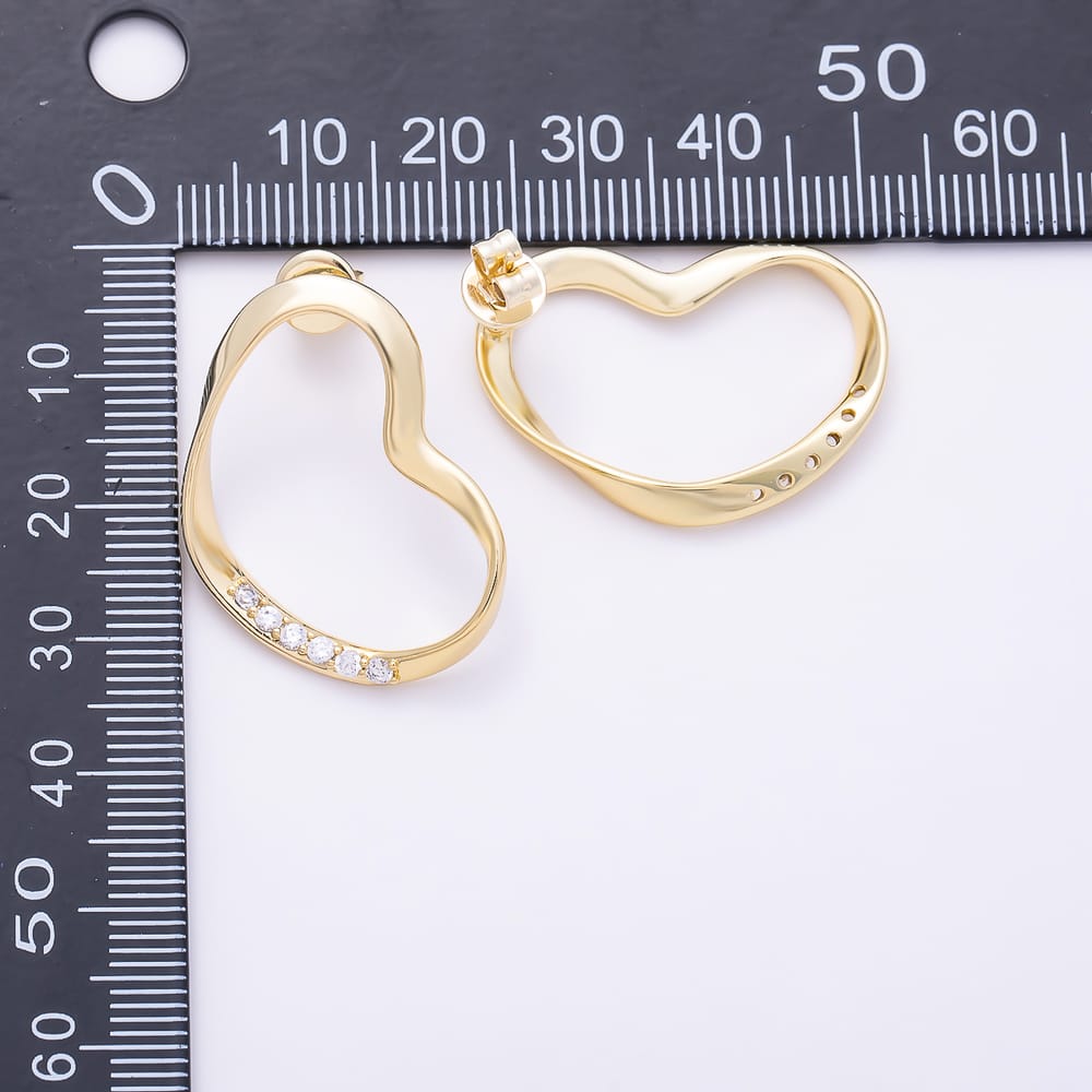 16K Gold Filled 30mm Micro Paved CZ Open Geometric Heart Stud Earrings | Earrings-01087