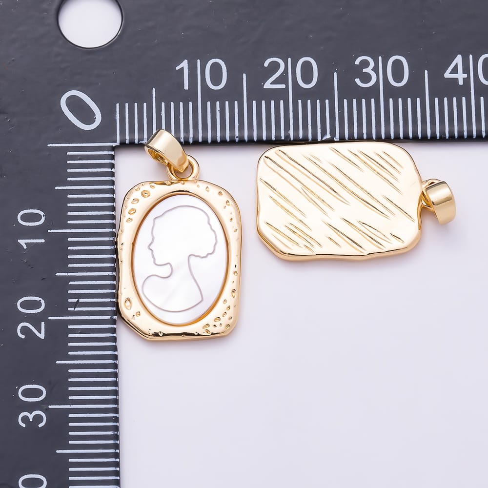 16K Gold Filled 21mm Woman Cameo Shell Pearl Molten Bezel Rectangle Tag Pendant in Gold & Silver | Charms-02327 Charms-02328