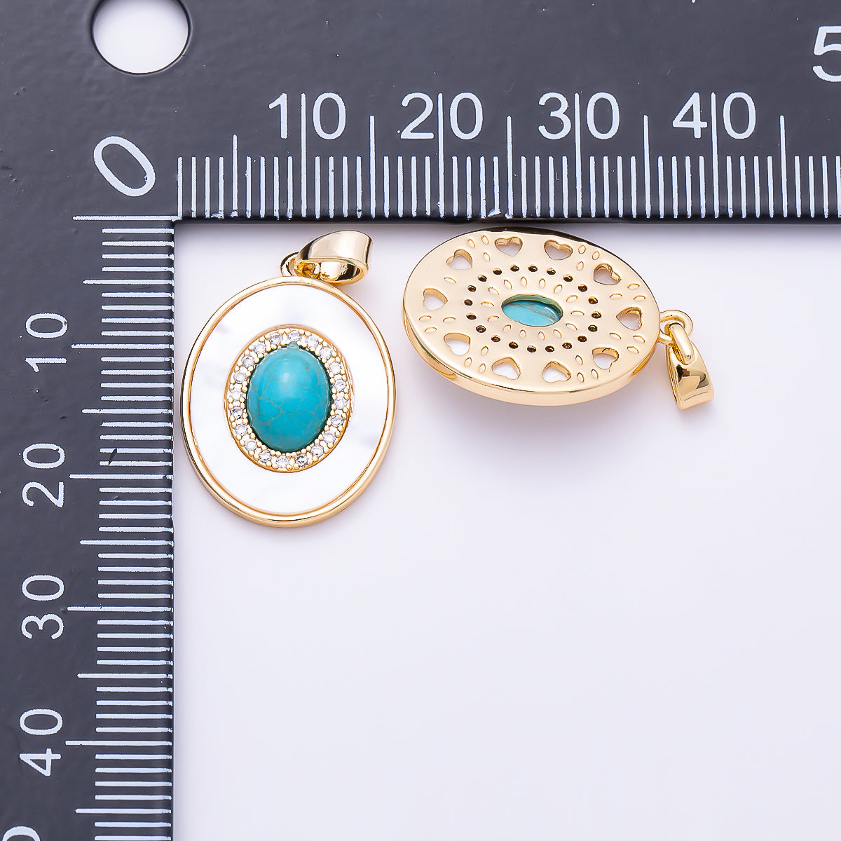 16K Gold Filled 20mm Tiger Eye, Turquoise Shell Pearl Micro Paved CZ Cabochon Gemstone Oval Pendant | Charms-01584
