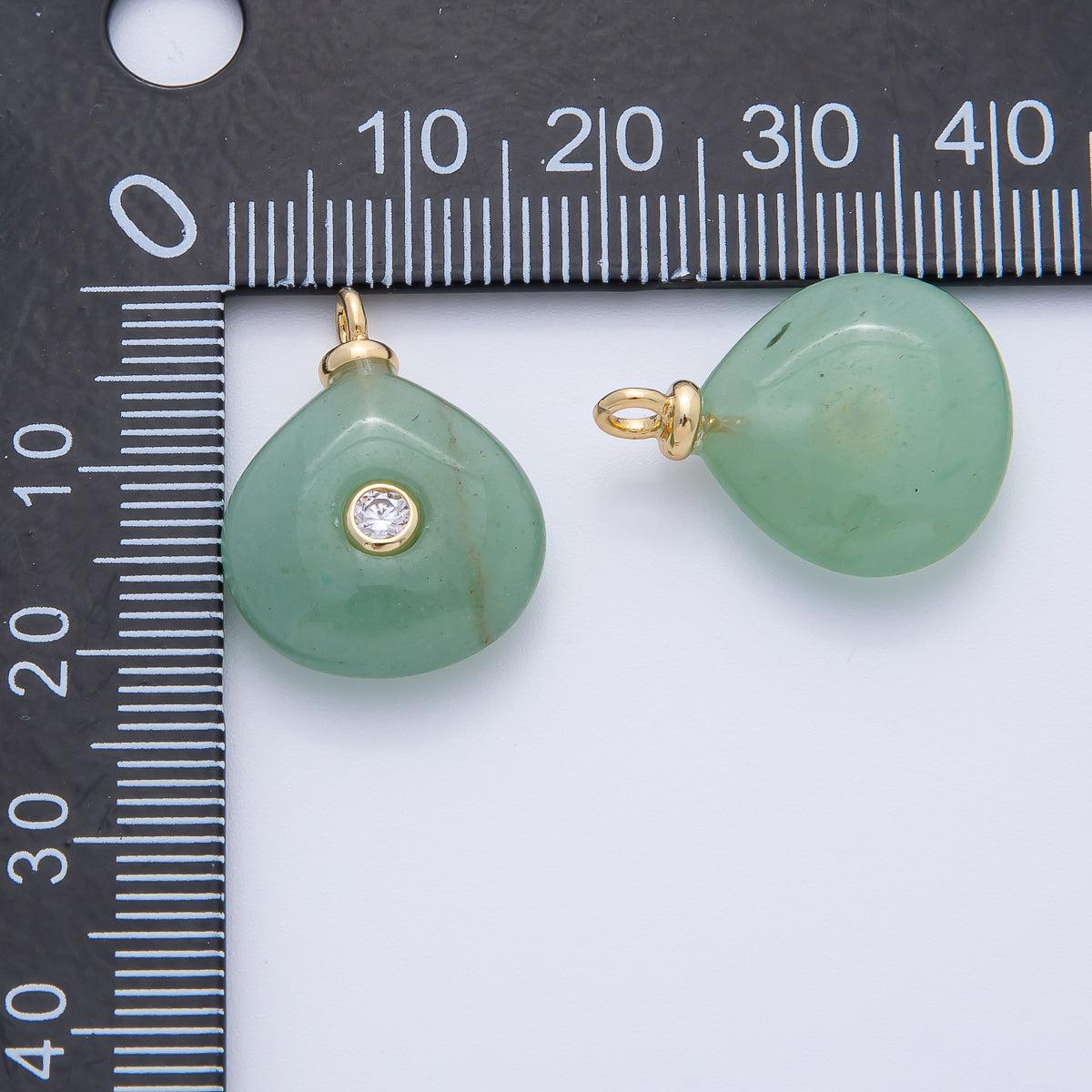 18K Gold Filled 21mm Clear CZ Flushed Round Green Aventurine Gemstone Drop Charm | AF1392