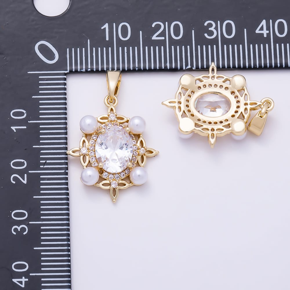 16K Gold Filled 21mm Clear Micro Paved CZ White Shell Pearl Flower Oval Pendant in Gold & Silver | Charms-02379