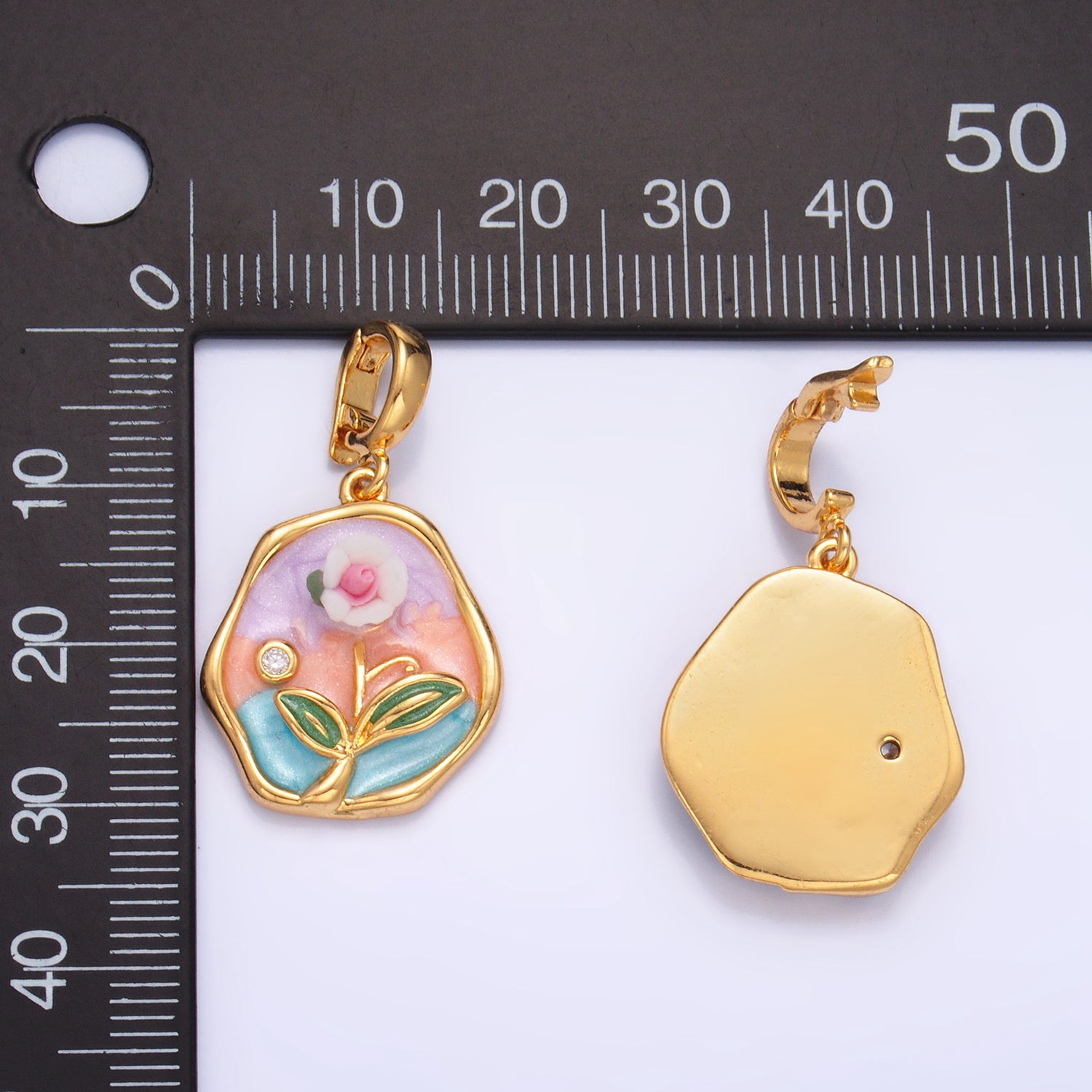 24K Gold Filled Multicolor Enamel Pastel Flower Stamped Snap Latch Bail Pendant | AA1020