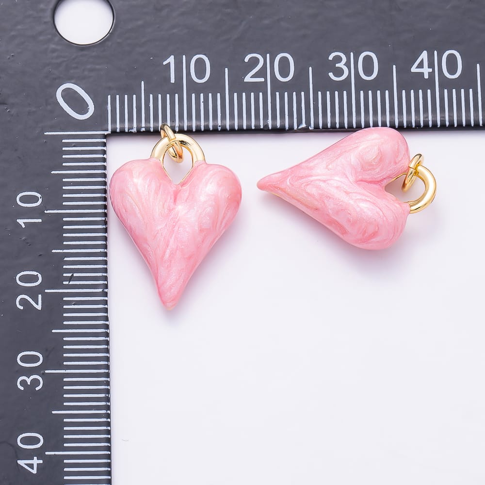 16K Gold Filled 21mm 3D Elongated Swirl Pink Marbled Enamel Puffy Heart Charm | Charms-02208