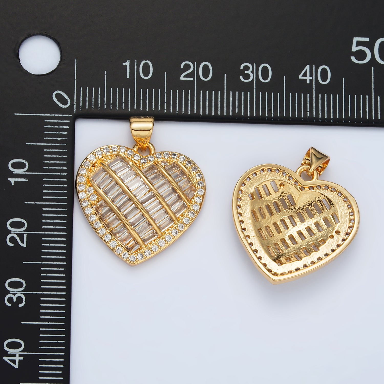 24K Gold Filled 25mm Baguette Micro Paved CZ Lined Heart Pendant | I459