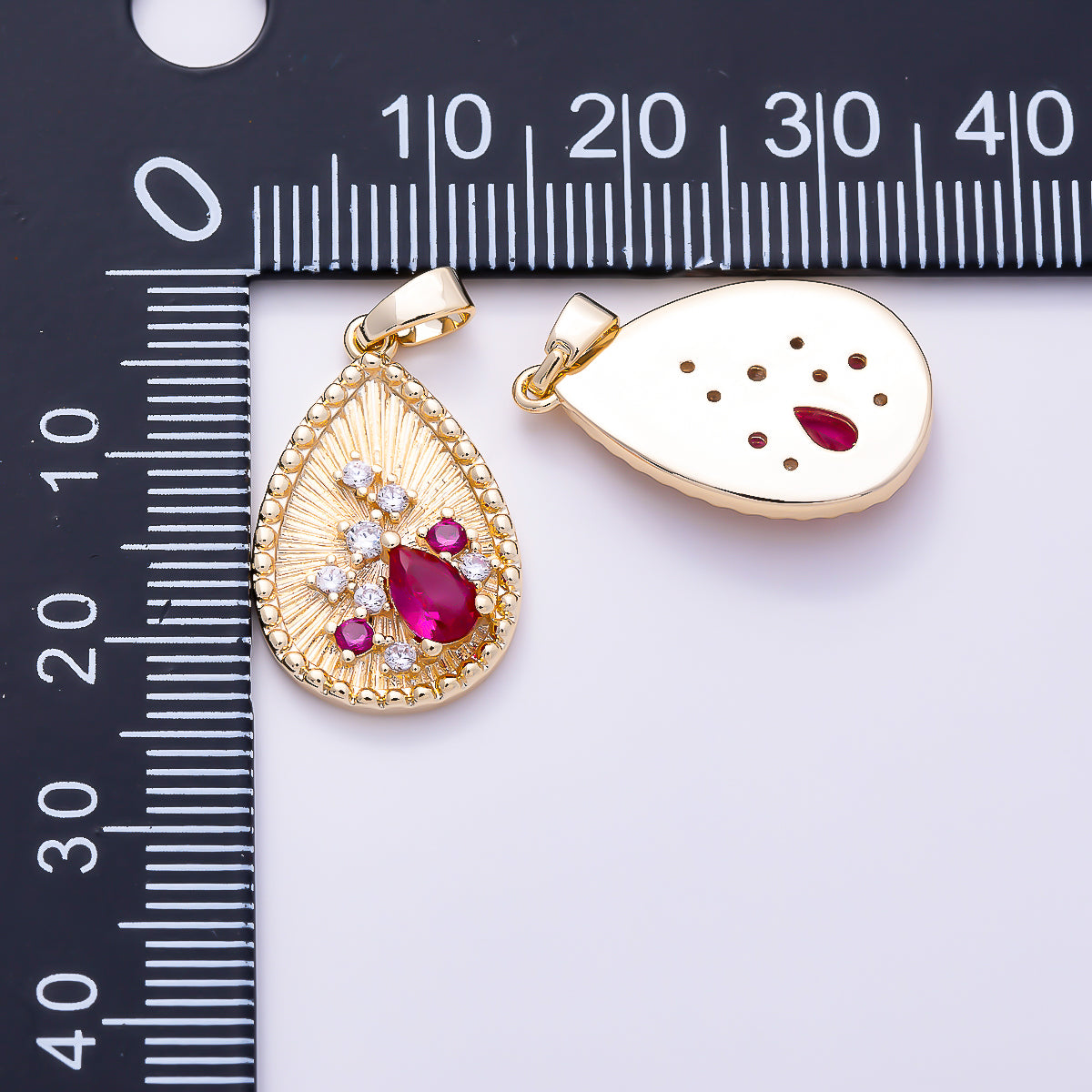 16K Gold Filled 21mm Cluster Fuchsia & Clear CZ Teardrop Sunburst Pendant | Charms-02060