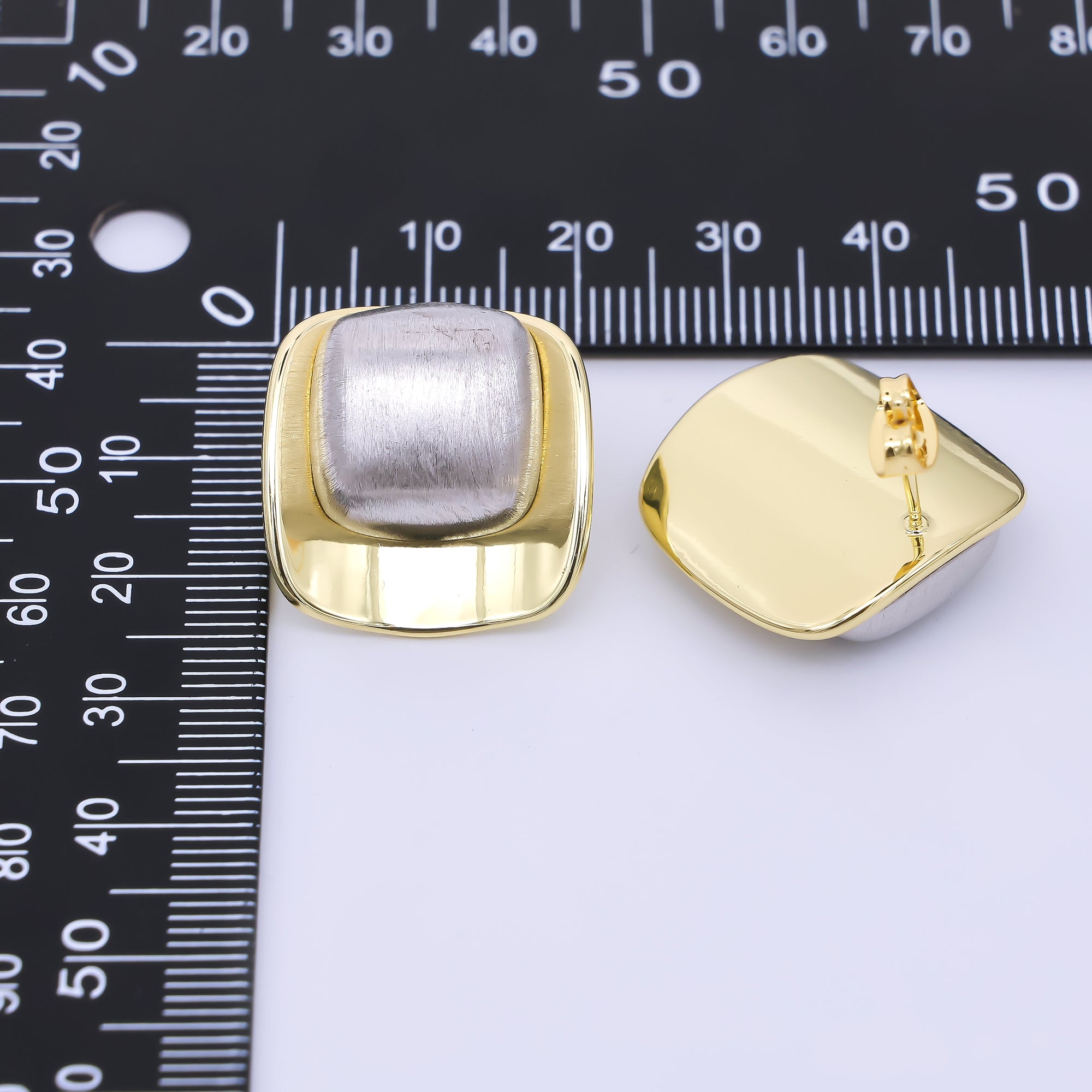 24K Gold Filled Mixed Metal Square Nail-Shaped Drop Stud Earrings | AI460
