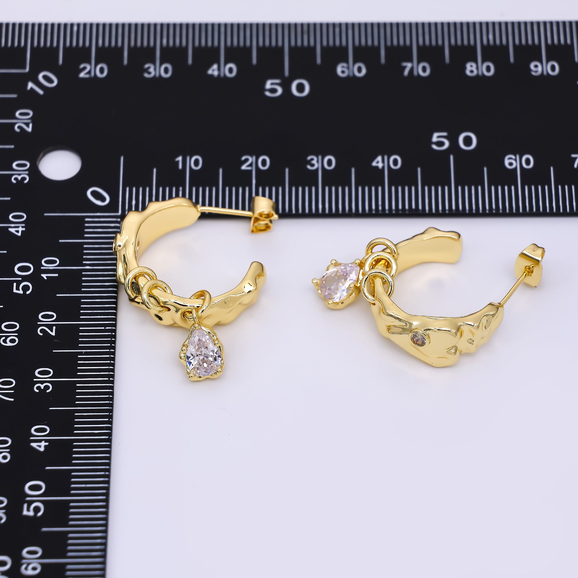 24K Gold Filled Teardrop CZ Triple Loop C-Shaped Hoops Earrings | AJ-075