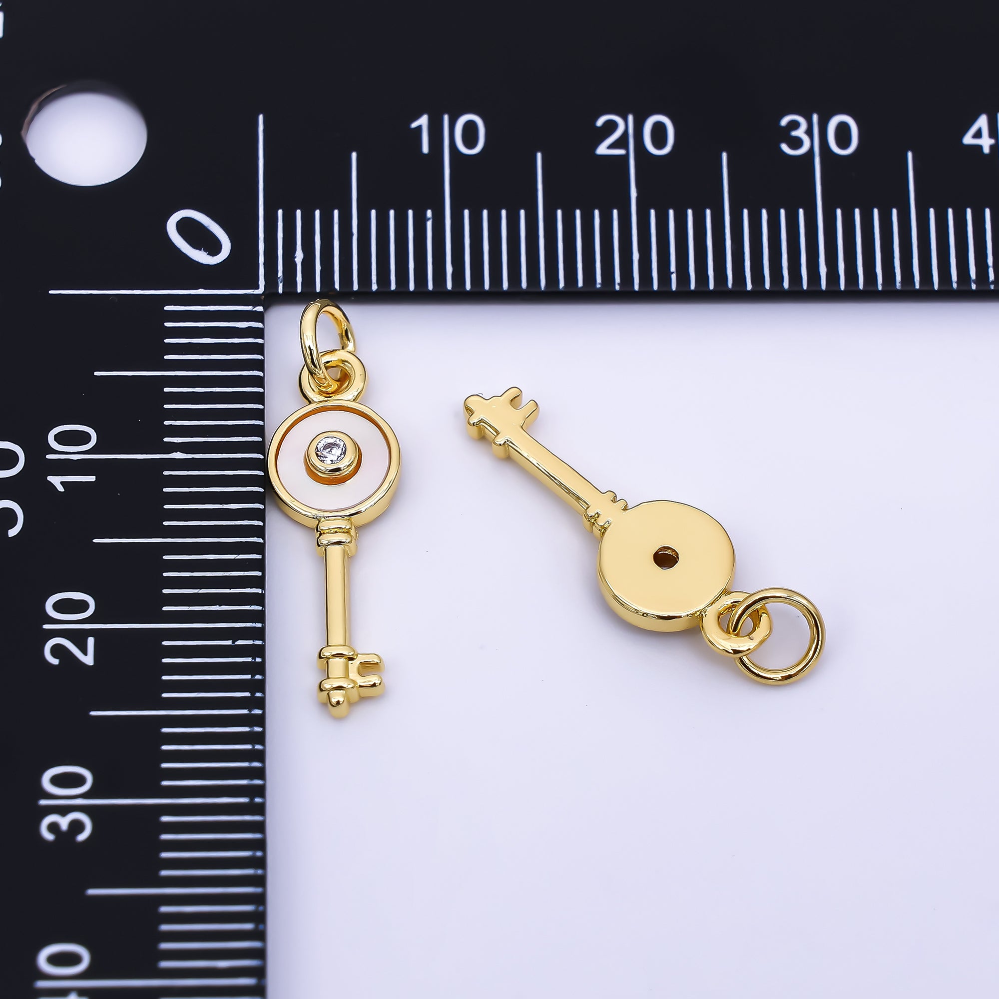 24K Gold Filled 21mm Round CZ White Enamel Art Key Charm | AH-563