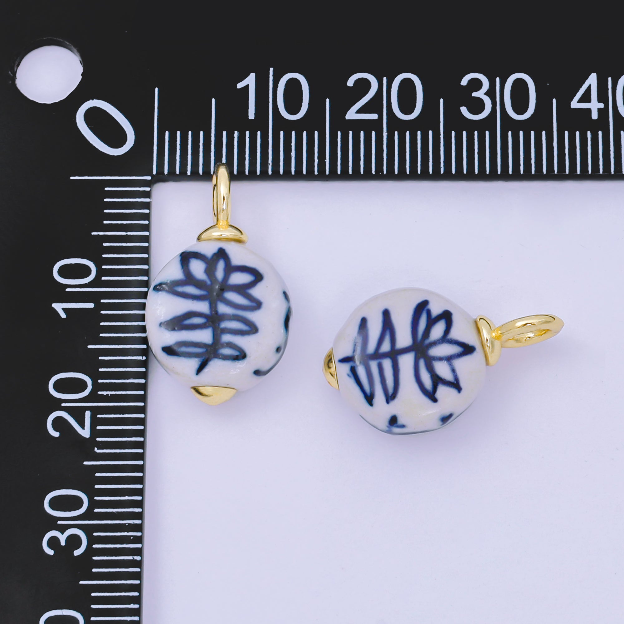 24K Gold Filled 21mm Blue-White Flower Ceramic Porcelain Drop Charm | AF1277