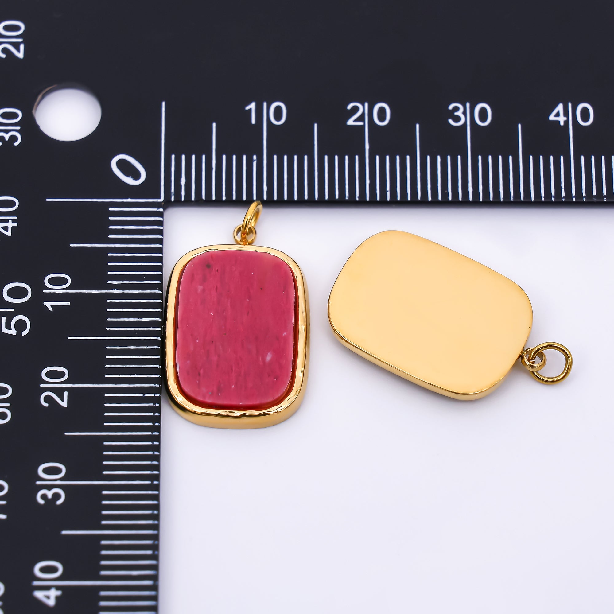 Stainless Steel 21mm Crystal Quartz Curvy Rectangular Charm in Fuchsia & Green | J-354