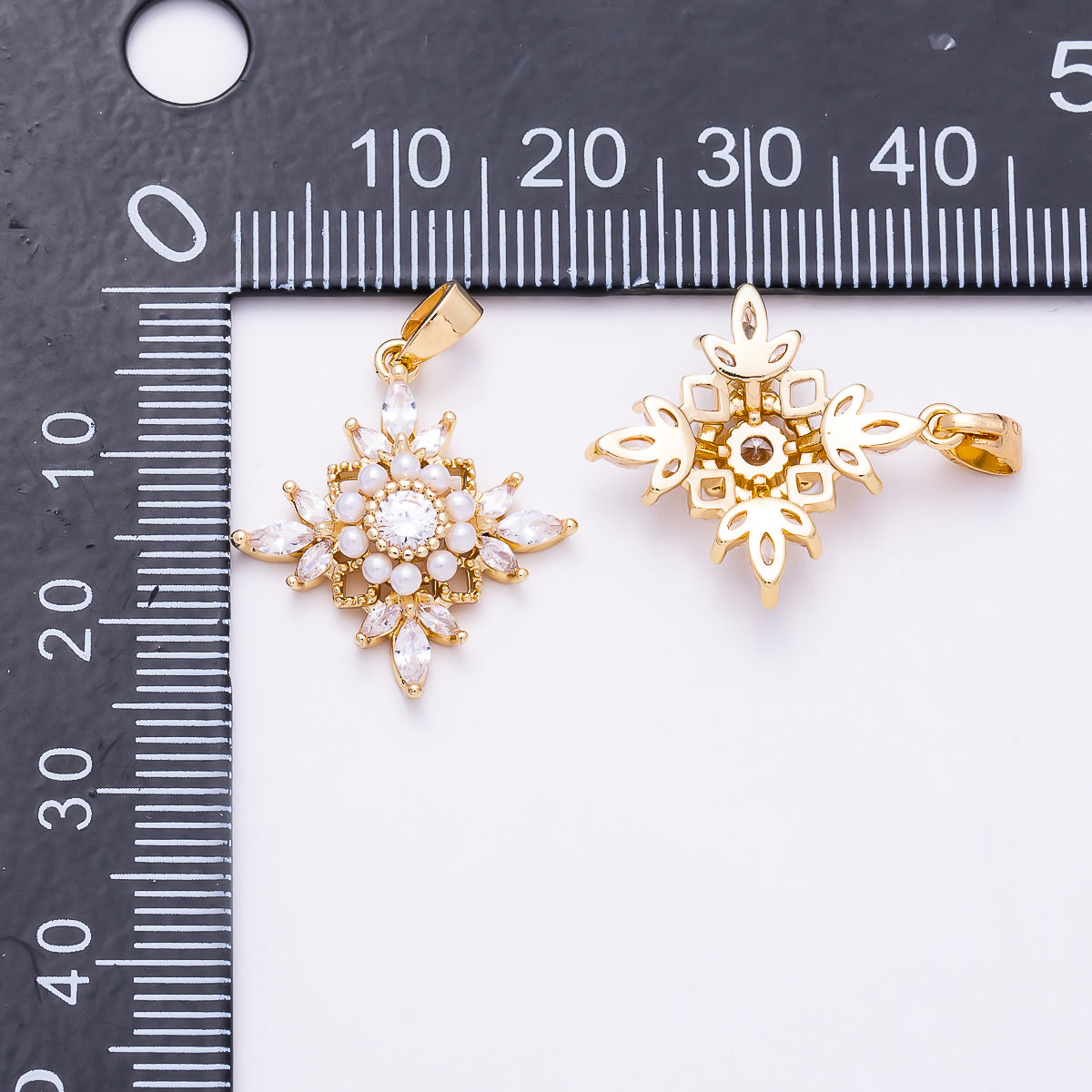 16K Gold Filled 21mm Shell Pearl Marquise CZ Snowflake Floral Pendant | Charms-02023