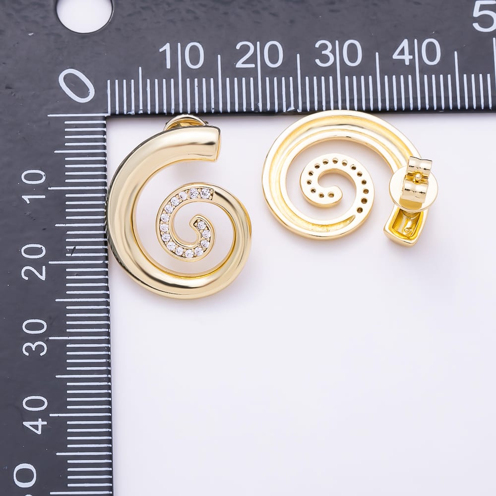 16K Gold Filled 20mm Clear Micro Paved CZ Spiral Swirl Geometric Stud Earrings | Earrings-01086