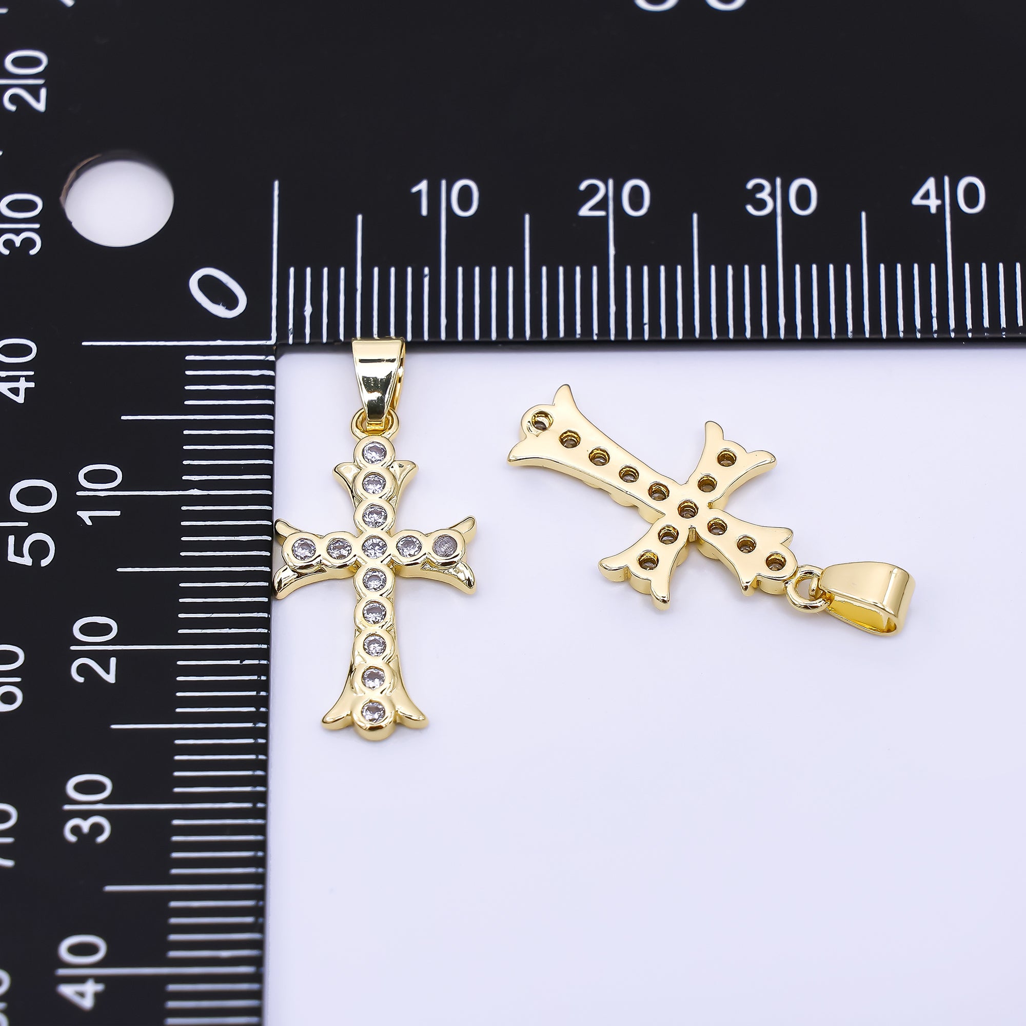 24K Gold Filled 21.5mm Micro Paved CZ Rounded Holy Cross Pendant | AH-536