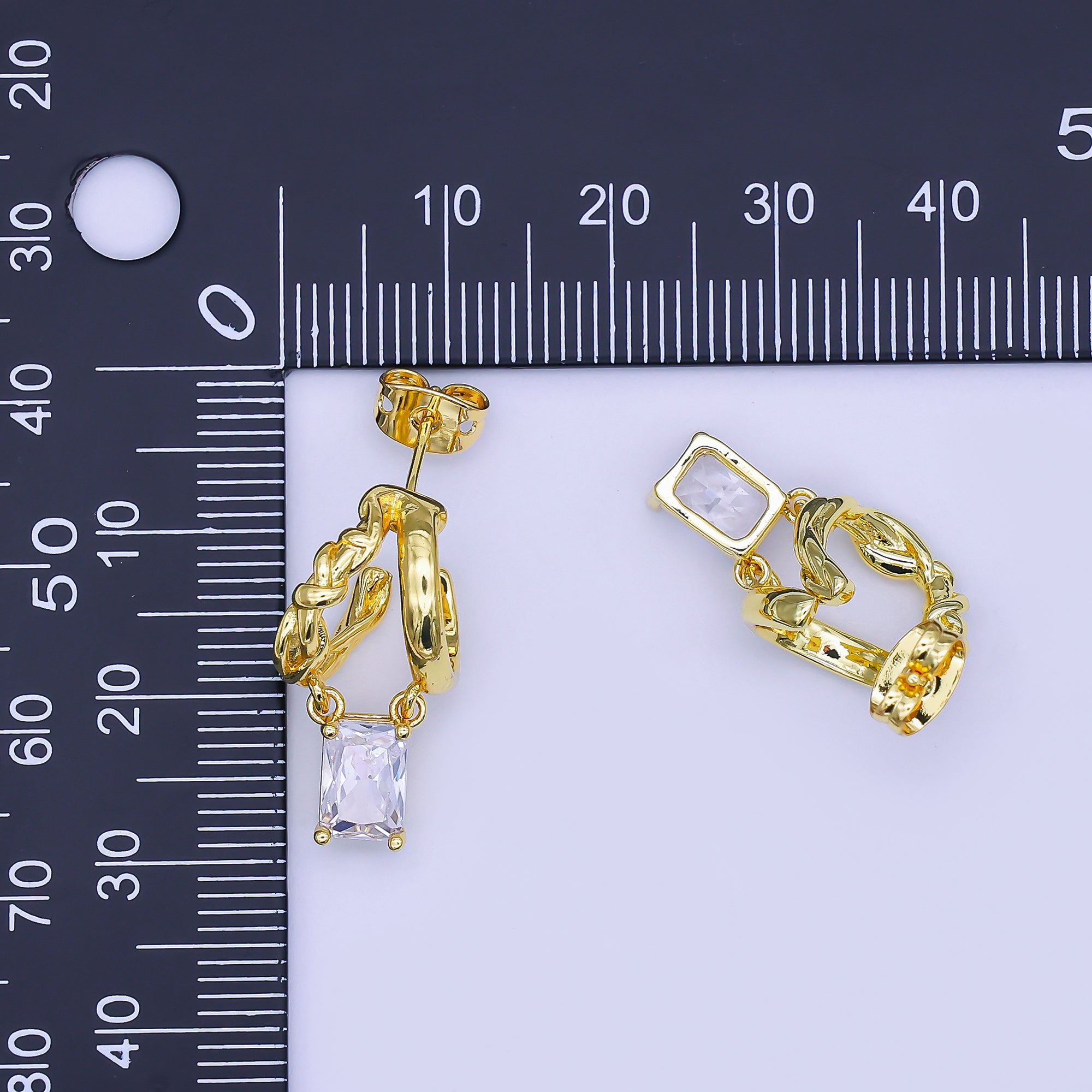 24K Gold Filled Baguette CZ Knot Double Band C-Shaped Hoop Earrings | AI517