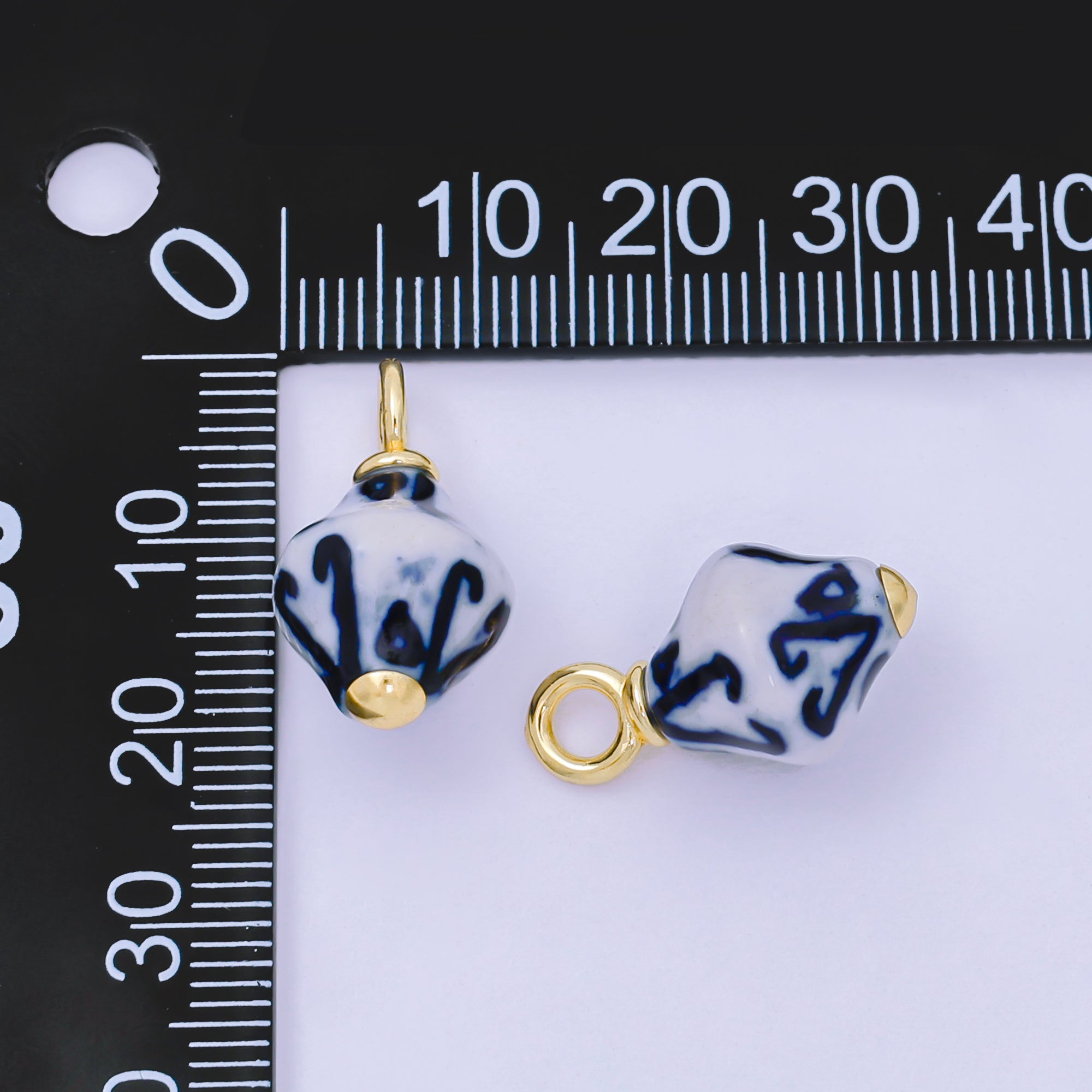 24K Gold Filled Blue Geometric Porcelain Cylinder Drop Charm | AF1283