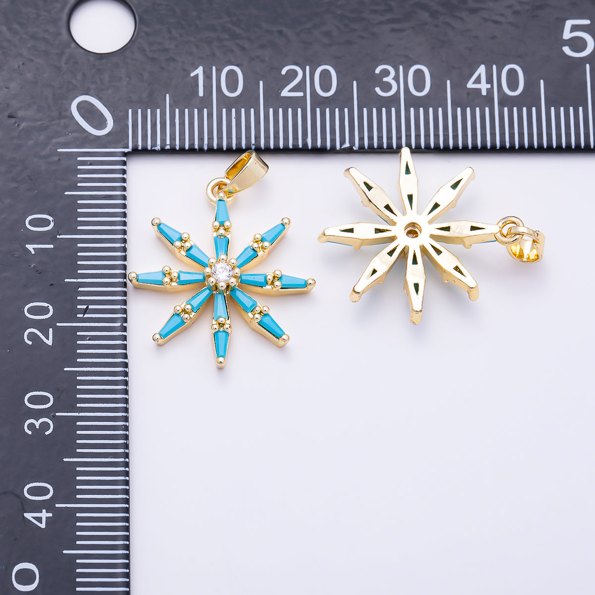 16K Gold Filled 22mm Turquoise Baguette CZ Snowflake Pendant in Gold & Silver | Charms-01896