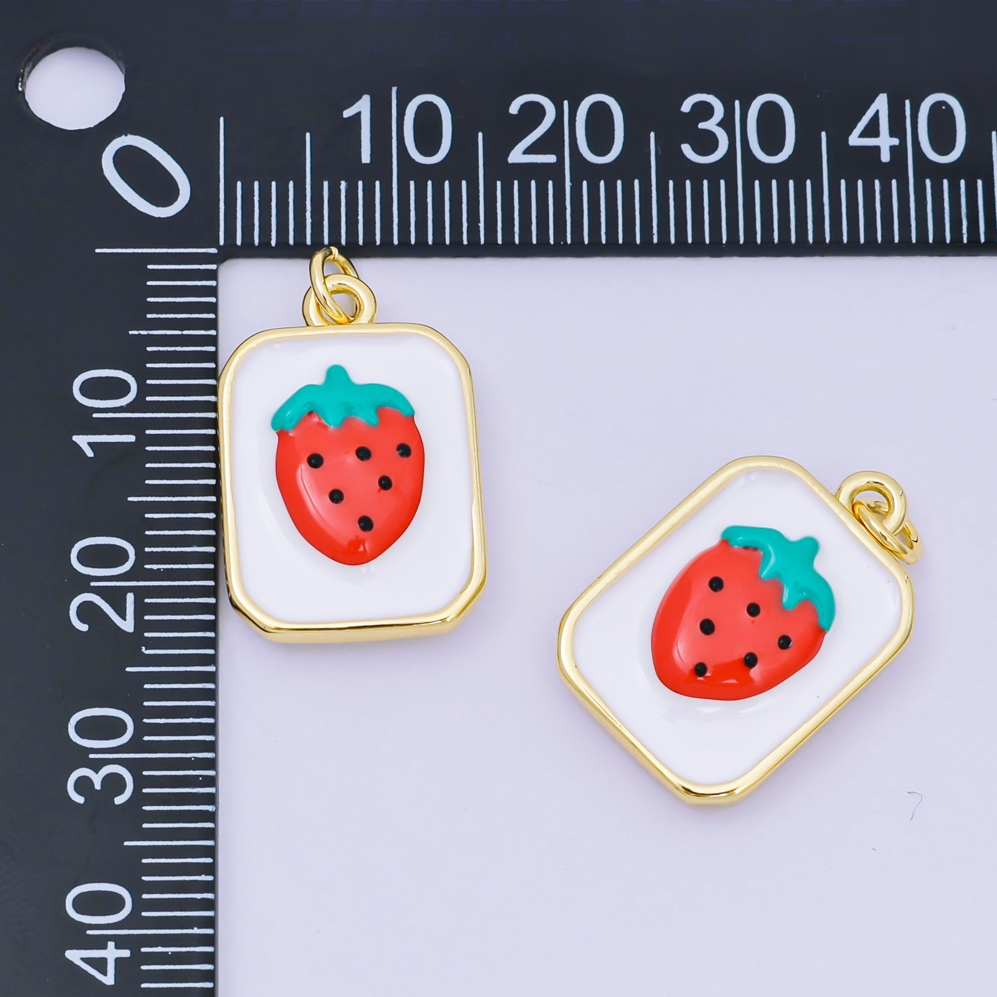 24K Gold Filled 22mm Enamel Art Red Strawberry Fruit Charm | AJ-486