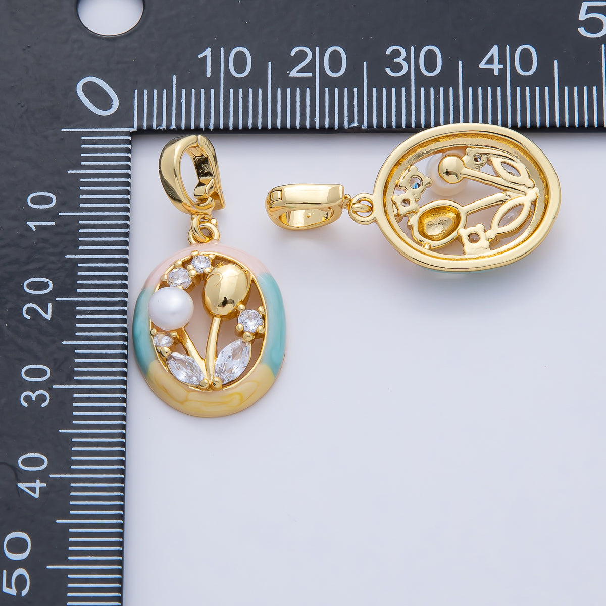 18K Gold Filled 22mm Tulip Flower CZ Shell Pearl Oval Snap Latch Pendant | AF1190