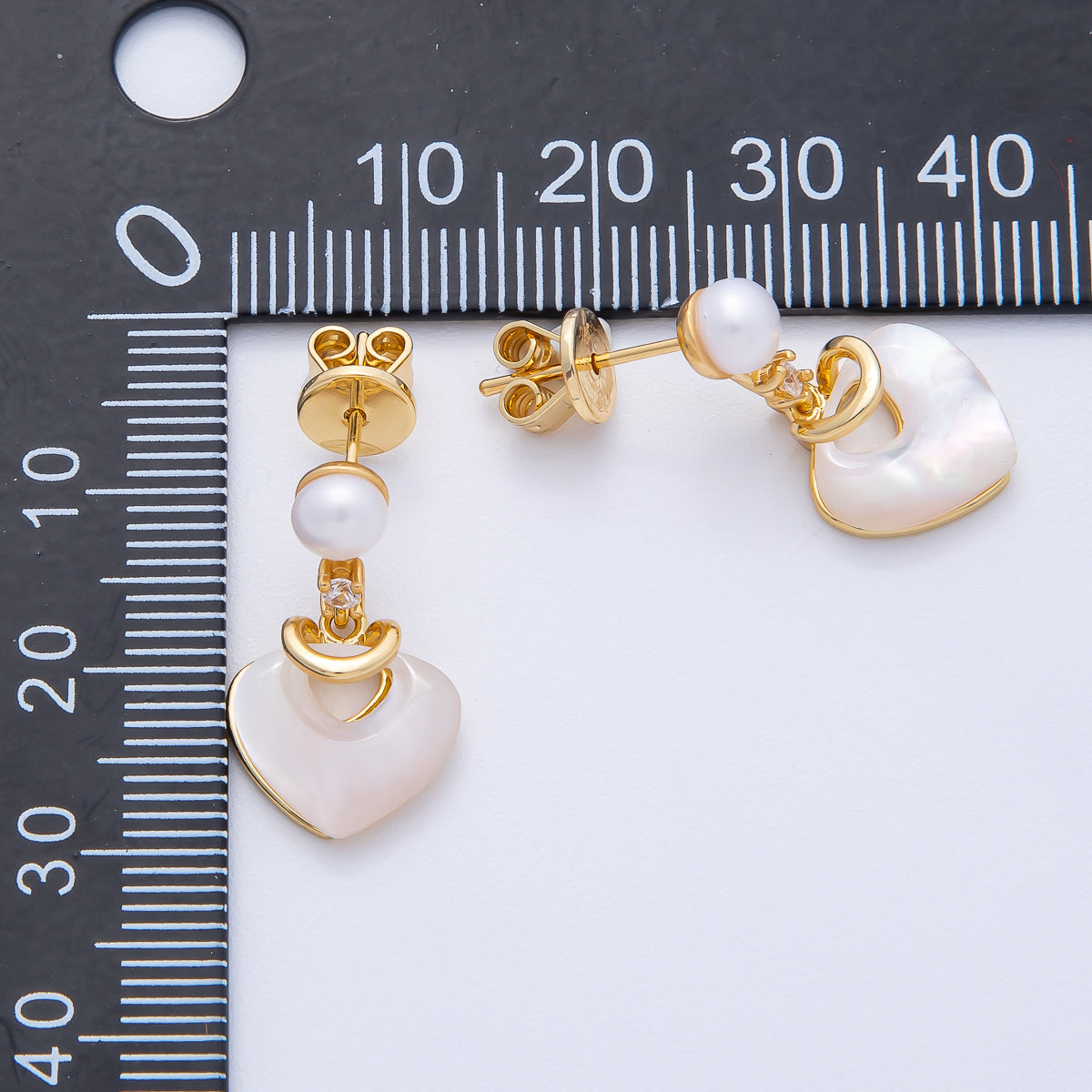 18K Gold Filled 22mm Clear CZ Heart Drop Shell Pearl Stud Earrings | AB1674