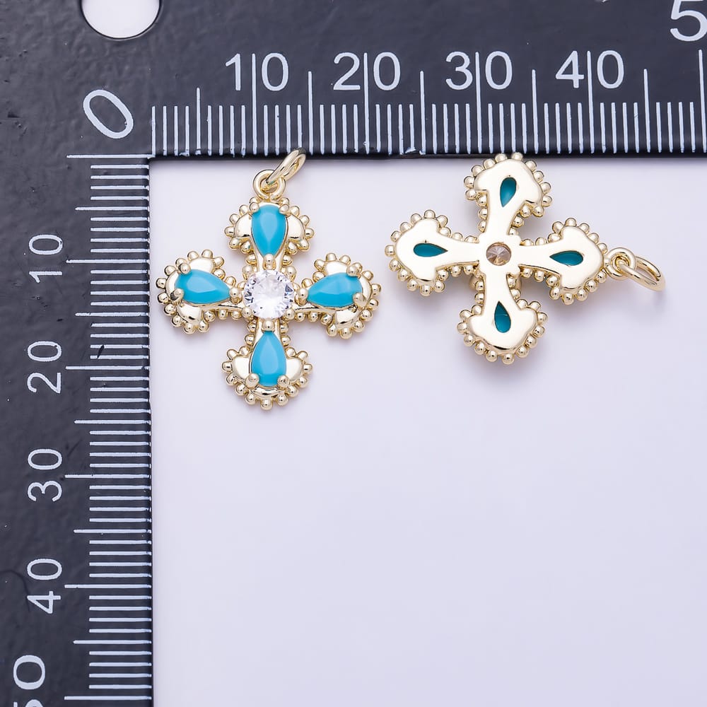 16K Gold Filled 22mm Teardrop Turquoise & Solitaire Clear CZ Vintage Cross Charm | Charms-02050 - Charms-02051